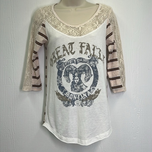 Free People - We The Free Great Falls Montana Stripe Lace Graphic Top Size Small - Picture 3 of 12